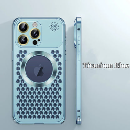 iPhone 17 ProMax Spring Buckle Aromatherapy Metal Hollow Heat Dissipation Phone Case With Lens Film