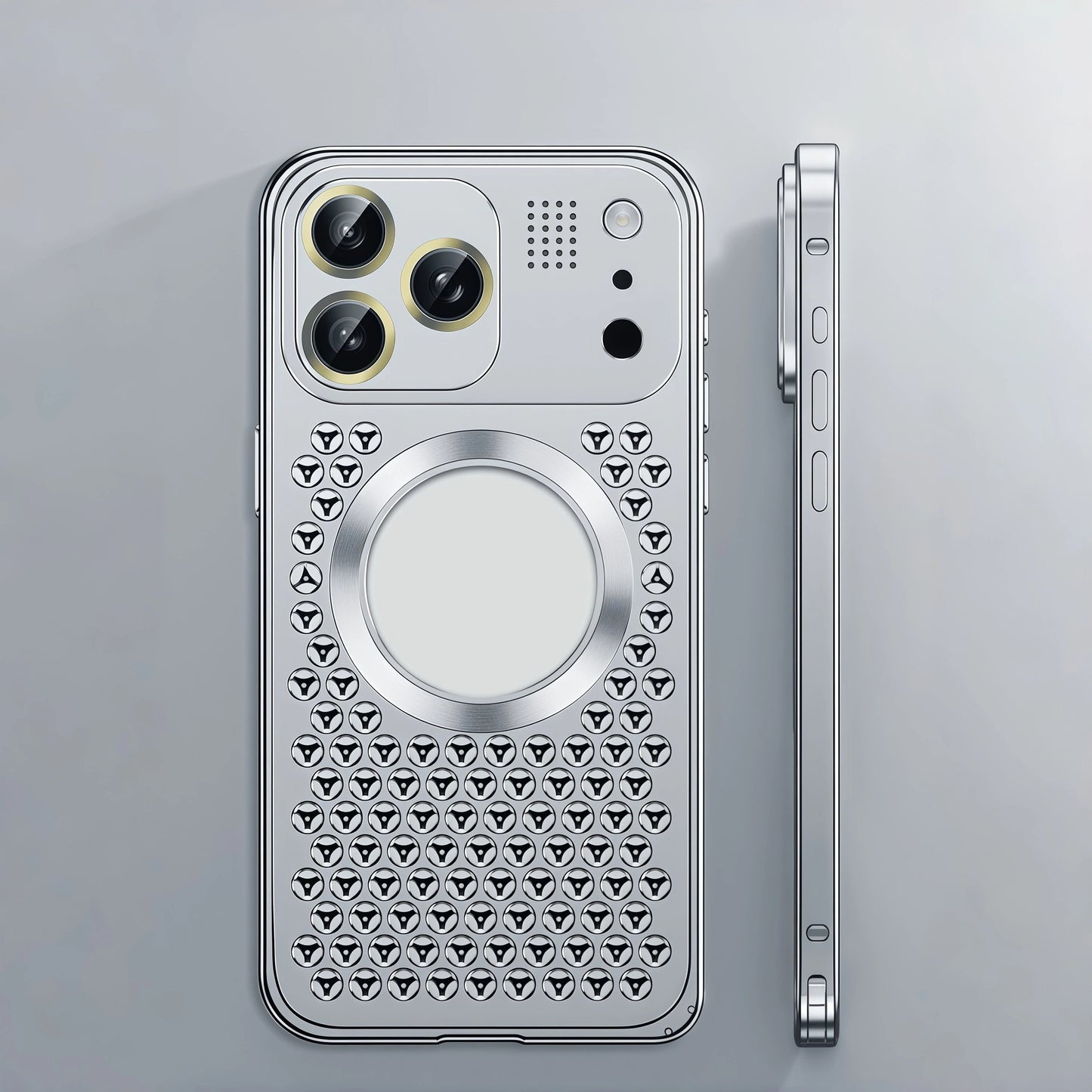 iPhone 17 ProMax Spring Buckle Aromatherapy Metal Hollow Heat Dissipation Phone Case With Lens Film