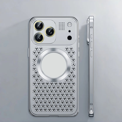 iPhone 17 ProMax Spring Buckle Aromatherapy Metal Hollow Heat Dissipation Phone Case With Lens Film