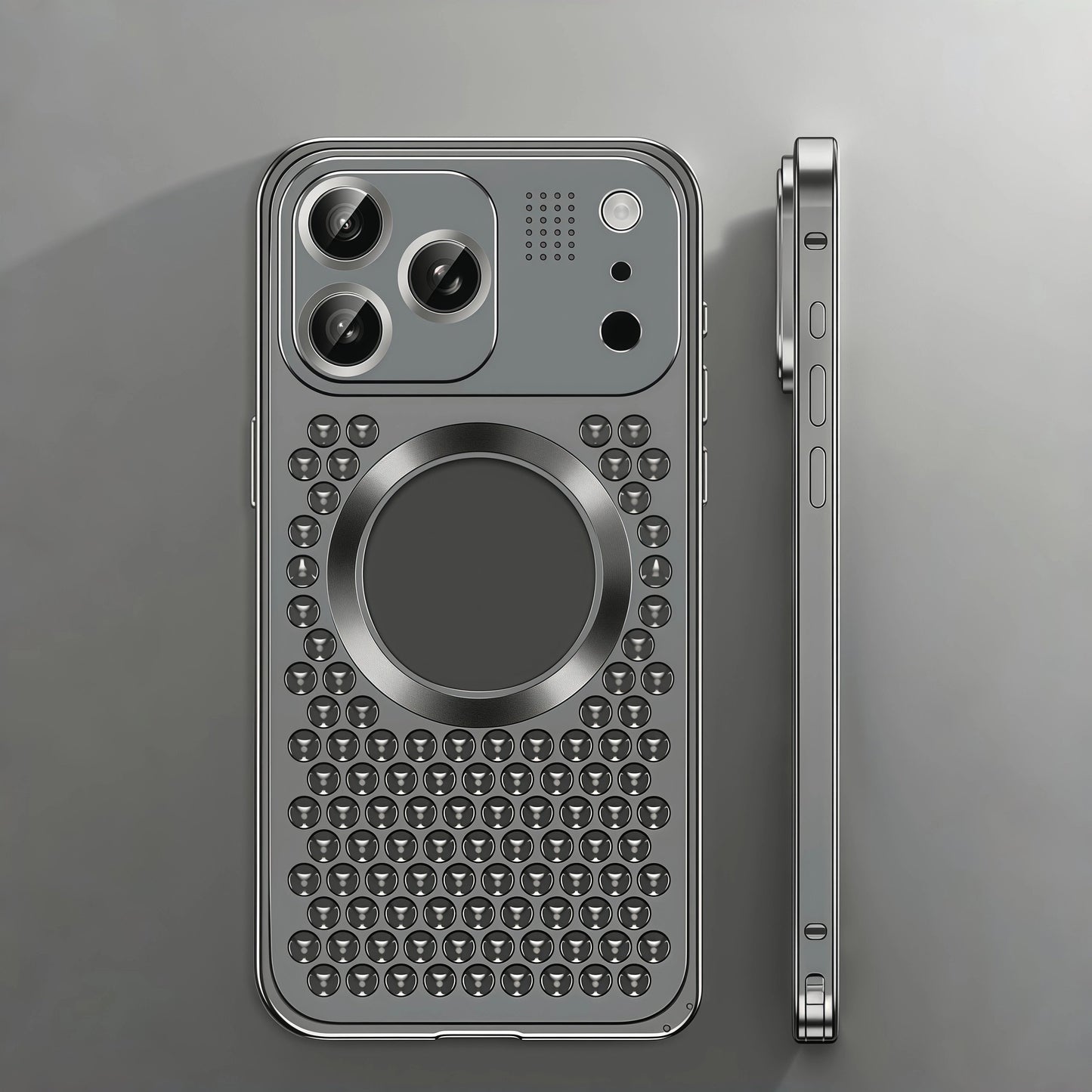 iPhone 17 ProMax Spring Buckle Aromatherapy Metal Hollow Heat Dissipation Phone Case With Lens Film