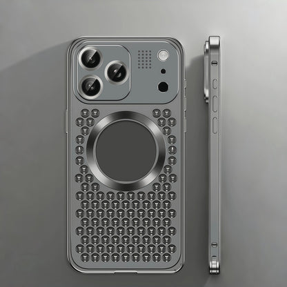 iPhone 17 ProMax Spring Buckle Aromatherapy Metal Hollow Heat Dissipation Phone Case With Lens Film