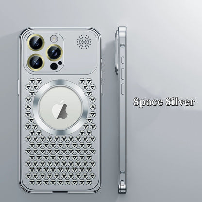 iPhone 17 ProMax Spring Buckle Aromatherapy Metal Hollow Heat Dissipation Phone Case With Lens Film