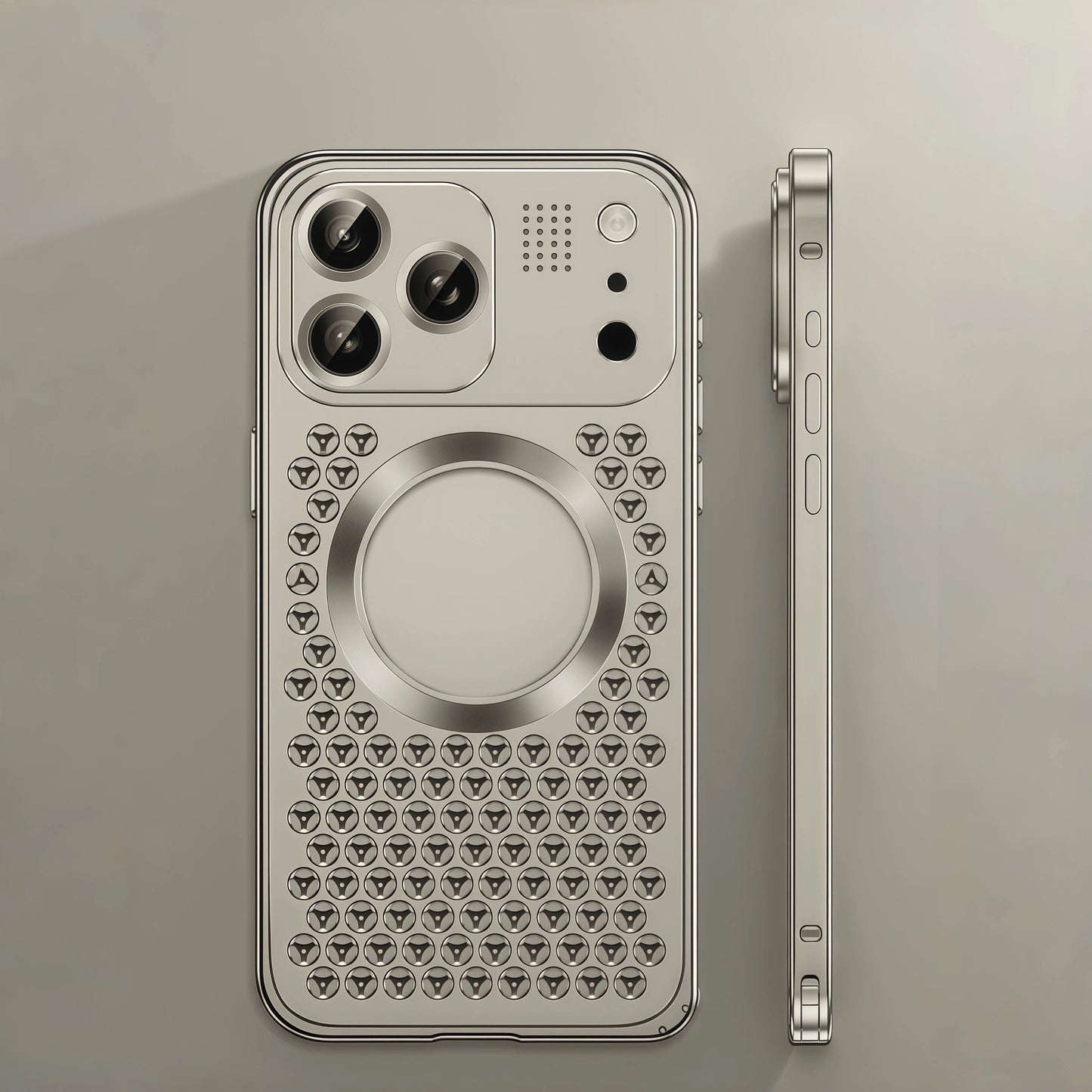 iPhone 17 ProMax Spring Buckle Aromatherapy Metal Hollow Heat Dissipation Phone Case With Lens Film