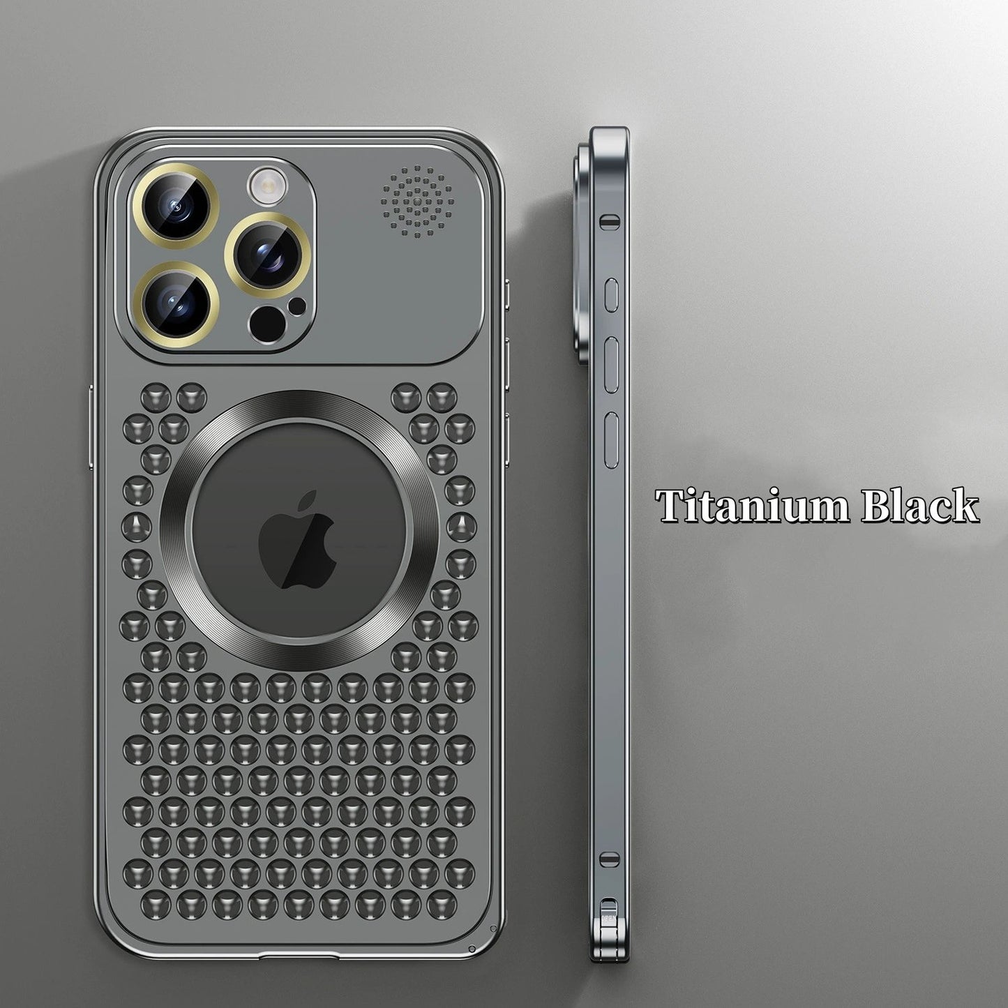 iPhone 17 ProMax Spring Buckle Aromatherapy Metal Hollow Heat Dissipation Phone Case With Lens Film