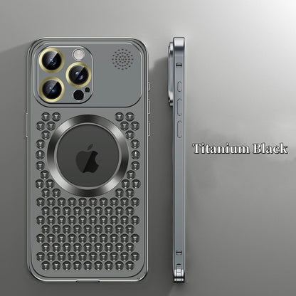 iPhone 17 ProMax Spring Buckle Aromatherapy Metal Hollow Heat Dissipation Phone Case With Lens Film