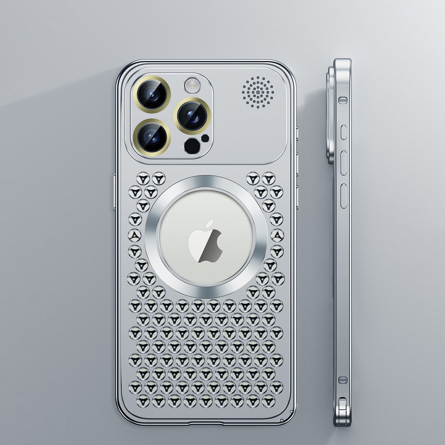 iPhone 17 ProMax Spring Buckle Aromatherapy Metal Hollow Heat Dissipation Phone Case With Lens Film