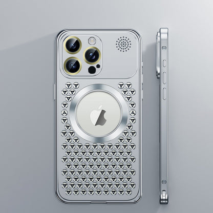 iPhone 17 ProMax Spring Buckle Aromatherapy Metal Hollow Heat Dissipation Phone Case With Lens Film