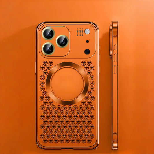 iPhone 17 ProMax Spring Buckle Aromatherapy Metal Hollow Heat Dissipation Phone Case With Lens Film