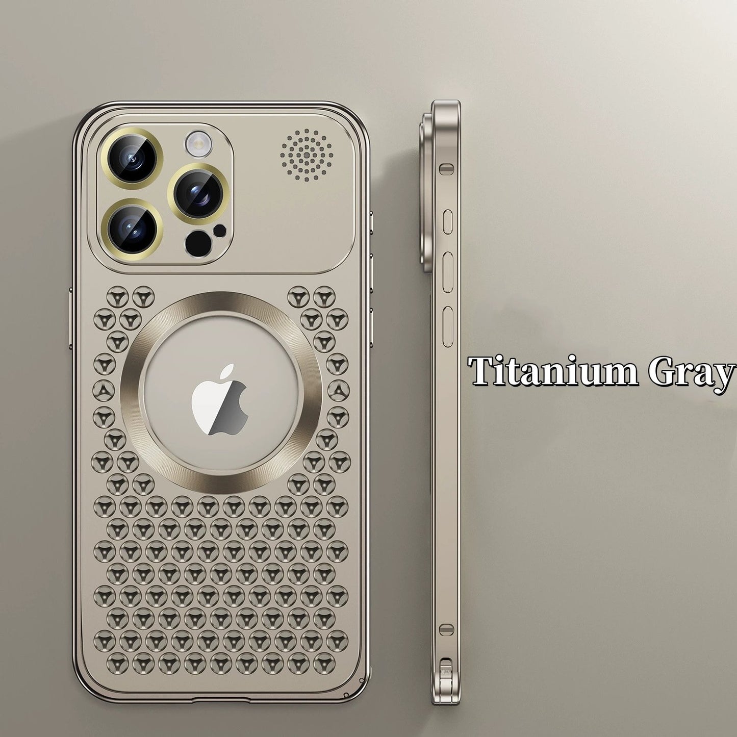 iPhone 17 ProMax Spring Buckle Aromatherapy Metal Hollow Heat Dissipation Phone Case With Lens Film