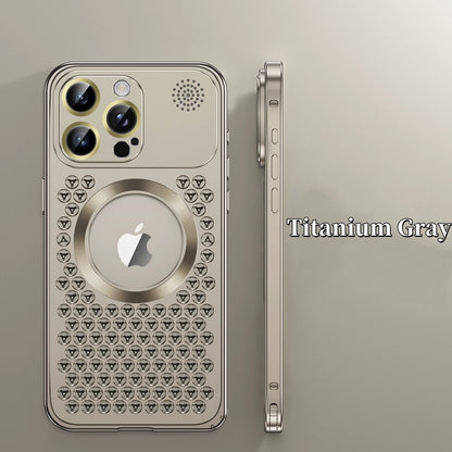 iPhone 17 ProMax Spring Buckle Aromatherapy Metal Hollow Heat Dissipation Phone Case With Lens Film