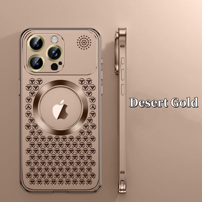 iPhone 17 ProMax Spring Buckle Aromatherapy Metal Hollow Heat Dissipation Phone Case With Lens Film