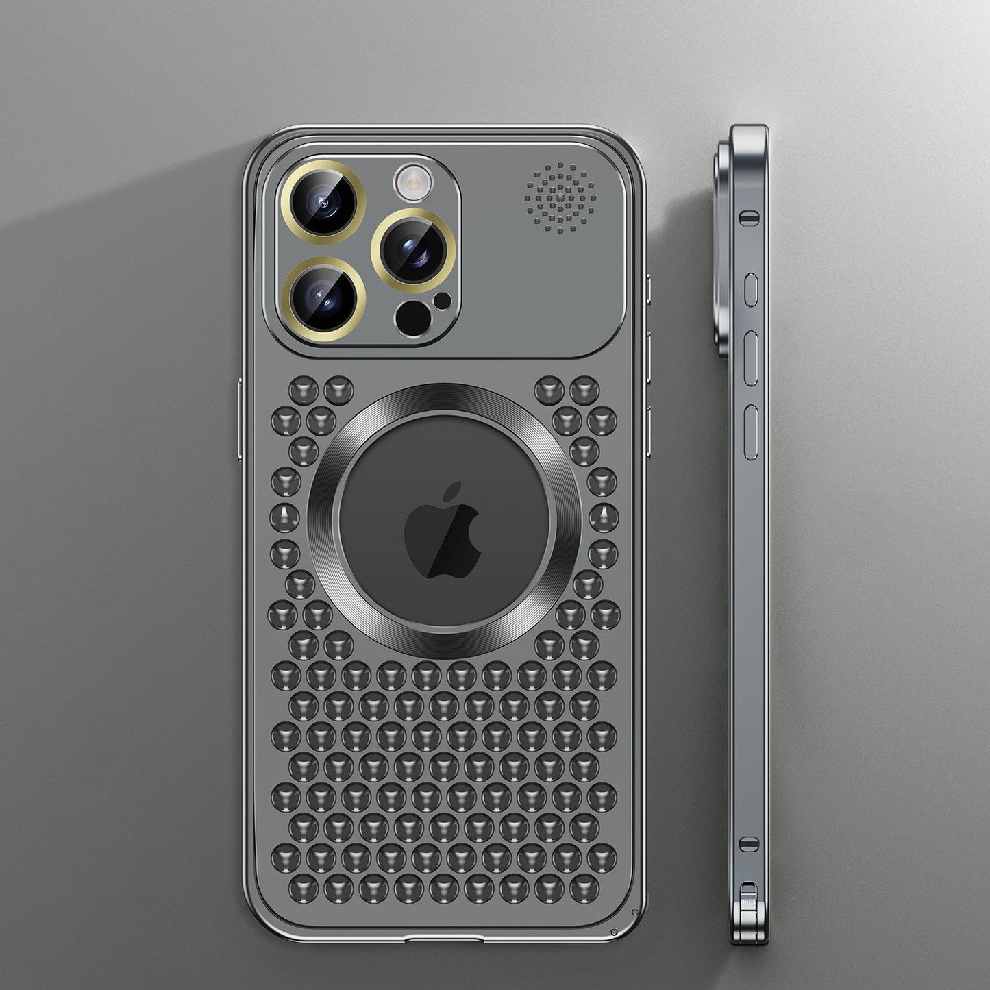 iPhone 17 ProMax Spring Buckle Aromatherapy Metal Hollow Heat Dissipation Phone Case With Lens Film