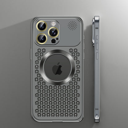 iPhone 17 ProMax Spring Buckle Aromatherapy Metal Hollow Heat Dissipation Phone Case With Lens Film