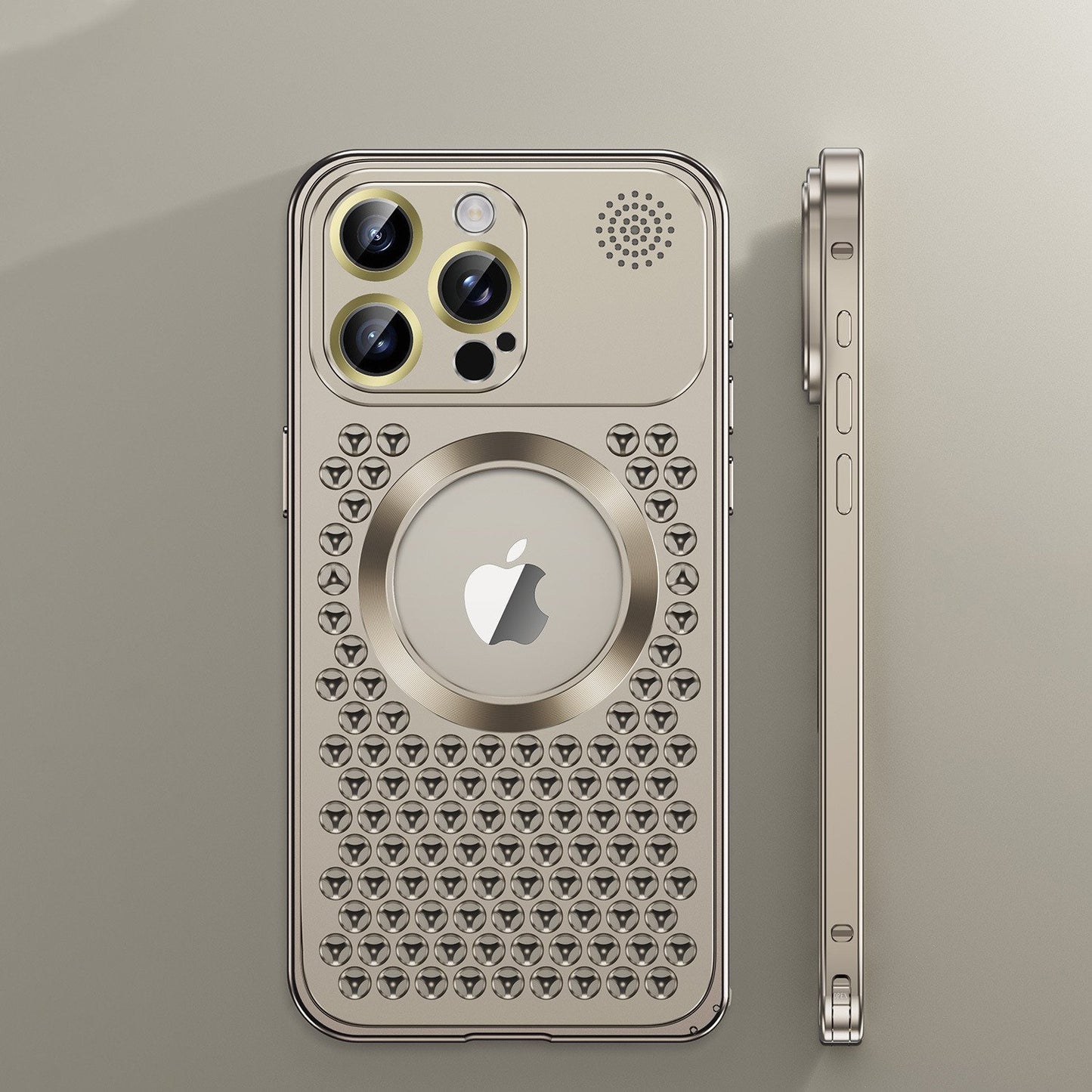 iPhone 17 ProMax Spring Buckle Aromatherapy Metal Hollow Heat Dissipation Phone Case With Lens Film