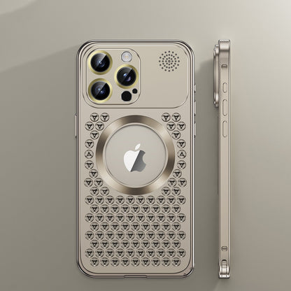 iPhone 17 ProMax Spring Buckle Aromatherapy Metal Hollow Heat Dissipation Phone Case With Lens Film